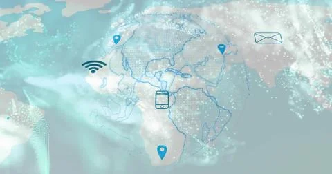 Rotating stylized globe showing network overlays in digital interface, with p 스톡 일러스트