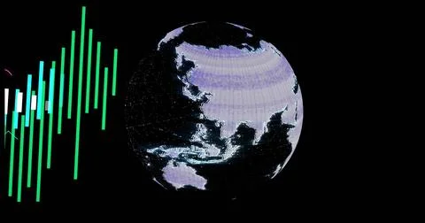 Rotating stylized globe showing pixel map with network lines, glowing nodes and Stock Illustration