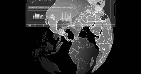 Rotating stylized globe showing translucent HUD in dashboard, with borders, Stock Photos