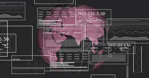 Rotating stylized pink world globe on dashboard, with white UI panels displaying Ilustração Stock