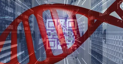 Rotating stylized red DNA double helix within futuristic server rack corridor, Stock Photos