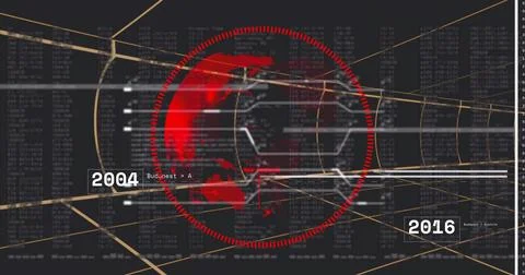 Rotating stylized red globe within dotted red ring in virtual HUD, showing hex Stock Illustration