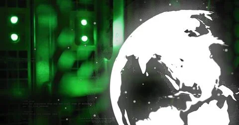 Rotating stylized white globe on right over data-center panels, showing green イラスト素材
