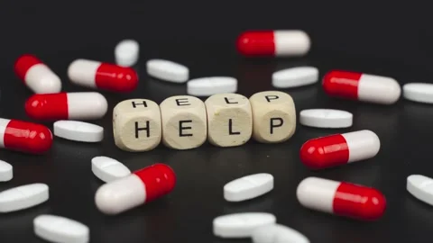 On a rotating surface lie capsules, tablets and cubes with the inscription -Help Stock Footage 217330579
