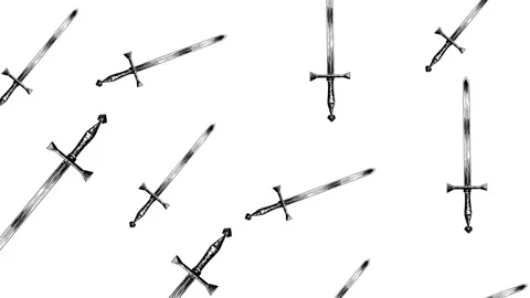 Rotating swords on a black screen. Stock Footage 255787308