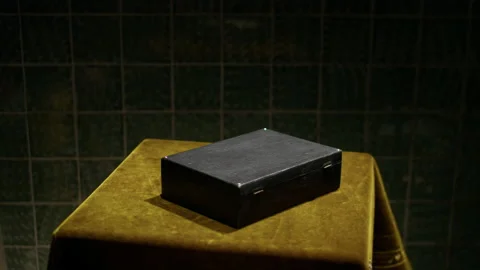 On a rotating table covered with green velour material, a black suitcase spins. Stock Footage 221842428