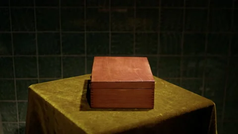 On a rotating table covered with green velour material, a brown suitcase spins. Stock Footage 221842696