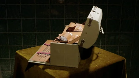 On a rotating table covered with green velour material, a white suitcase spins. Stock Footage 221842789