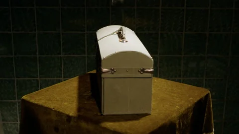 On a rotating table covered with green velour material, a white suitcase spins. Stock Footage 221843234
