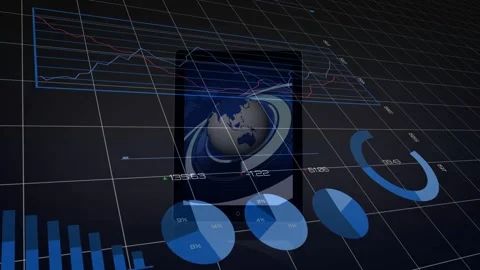 Rotating tablet showing shifting globe, charting bar pie line data in dark 3D Stock Footage 332469251