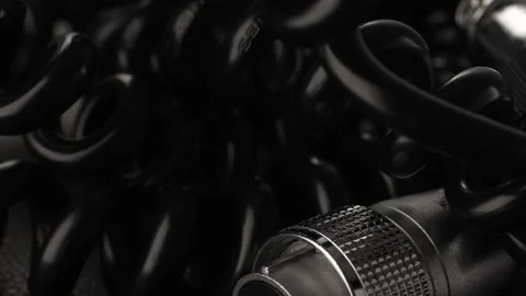 Rotating Tangled Power Cables with Connectors for Studio Equipment. Stock Footage 258441102