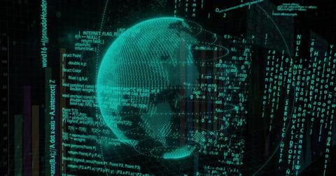 Rotating teal dotted globe in data visualization, with code blocks and vertical Stock Photos