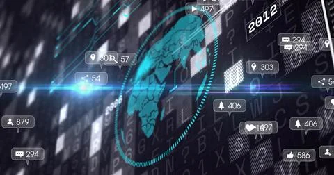 Rotating teal globe displaying floating notification bubbles and numeric badges Stock Photos