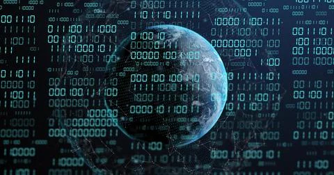 Rotating teal globe projecting binary streams in virtual space, with hex grid 写真素材