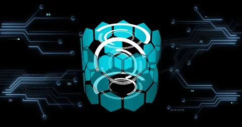 Rotating teal hexagonal core glowing in virtual cyberspace, with concentric HUD Stock Photos