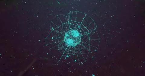 Rotating teal wireframe polyhedron glowing in center of starfield, with orbiting Stock Illustration