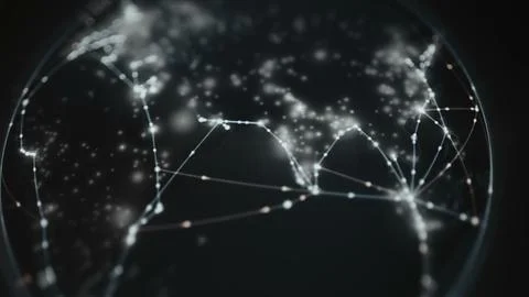 Rotating technological globe shows Europe, Africa and Asia joined by glowing Stock Photos