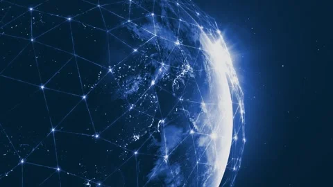 Rotating technological planet covered by a digital network. View of the globe Stock Footage 265416321