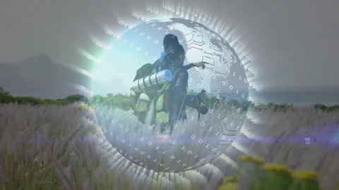 Rotating technology globe pulsing over field, initiating woman hiking with poles Stock Footage 312004038