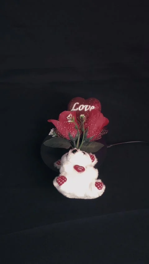Rotating Teddy Bear with Red Roses and Love Heart Valentine Gift Concept Stock Footage 323453495