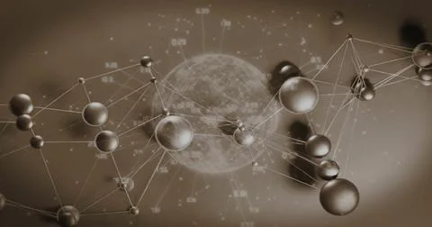 Rotating textured central globe linking metallic nodes with thin lines in 3D  Stockillustratie