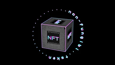 Rotating three-dimensional cube with the inscription nft. concept crypto art. 3d Video stock 150713596