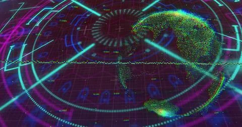 Rotating three-dimensional data globe in grid interface, with neon rings and Stock Photos