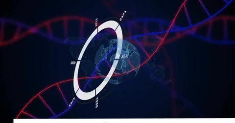 Rotating tilted segmented ring circling globe in virtual dashboard, showing red Stock Illustration