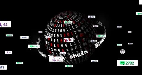 Rotating toroidal sphere showing red-white binary code and block chain in void 스톡 일러스트