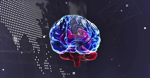 Rotating translucent 3D brain showing blue-magenta-red regions in virtual data 스톡 일러스트