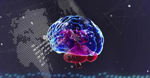Rotating translucent 3D brain showing blue-magenta-red regions in virtual data Stock Illustration