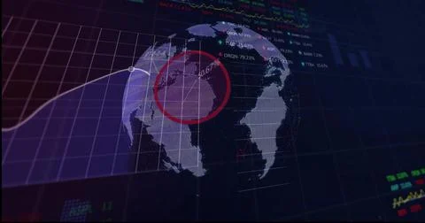Rotating translucent 3D globe hologram pulsing on digital dashboard, with purple Stock Illustration