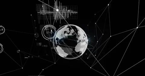 Rotating translucent 3D globe showing Europe and Africa, floating in HUD network Stock Photos