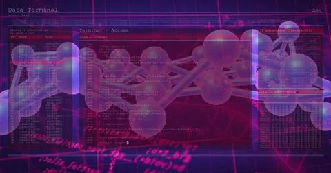 Rotating translucent 3D molecular network model centered among terminal windows, Stock Photos