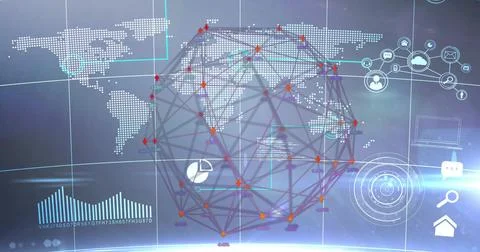 Rotating translucent 3D network sphere centering on virtual dashboard, with map, Stock Illustration