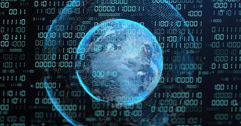 Rotating translucent blue globe orbiting digital space, streaming binary digits, 스톡 일러스트