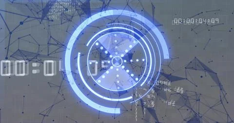 Rotating translucent blue HUD centered on grid, showing concentric rings, Stock Illustration