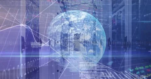 Rotating translucent Earth globe hovering in data center corridor, with line Stock Photos
