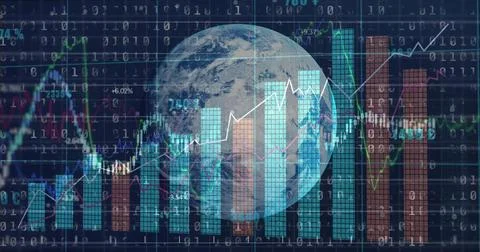 Rotating translucent Earth globe overlapping data screen, showing teal and rust Foto stock