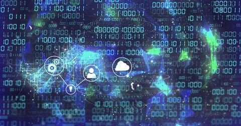 Rotating translucent globe with cloud and user icons pulsing in cyberspace, Stockfoto's