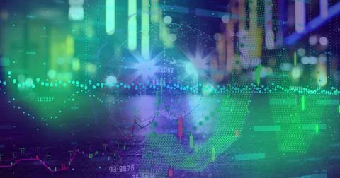 Rotating translucent globe showing candlestick bars and line graphs in data hub, Stock Photos