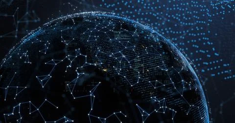 Rotating translucent globe showing network nodes and lines in dark virtual void Stock Photos