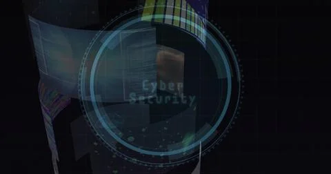 Rotating translucent HUD showing pixelated Cyber Security text and rings at Stock Photos