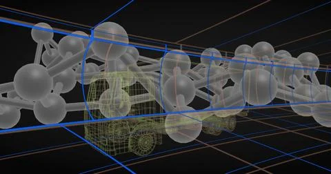 Rotating translucent molecular chain intersecting yellow wireframe truck in 3D Ilustração Stock