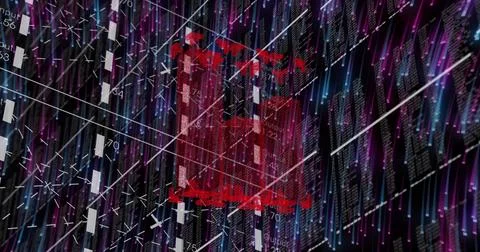 Rotating translucent red cubic frame pulsing amid virtual grid, with code panes 스톡 사진