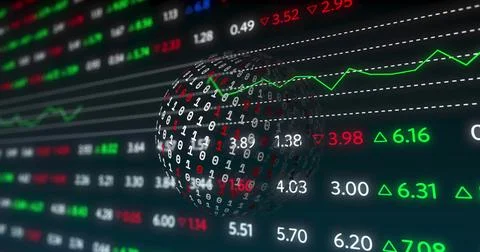 Rotating translucent sphere covered in binary digits on trade screen, showing Stock Photos