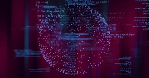 Rotating translucent sphere pulsing with glowing nodes and lines in dark studio, 库存照片