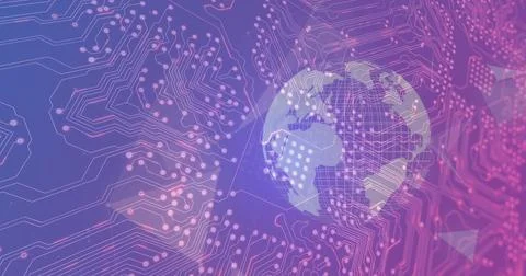 Rotating translucent stylized globe revealing circuitry traces in digital Stock Photos