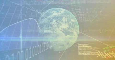 Rotating transparent Earth globe in virtual data interface, with binary code and Stock Photos