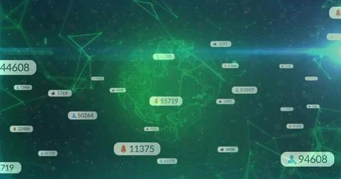 Rotating transparent globe in data interface, with network graph and numeric Stock Photos